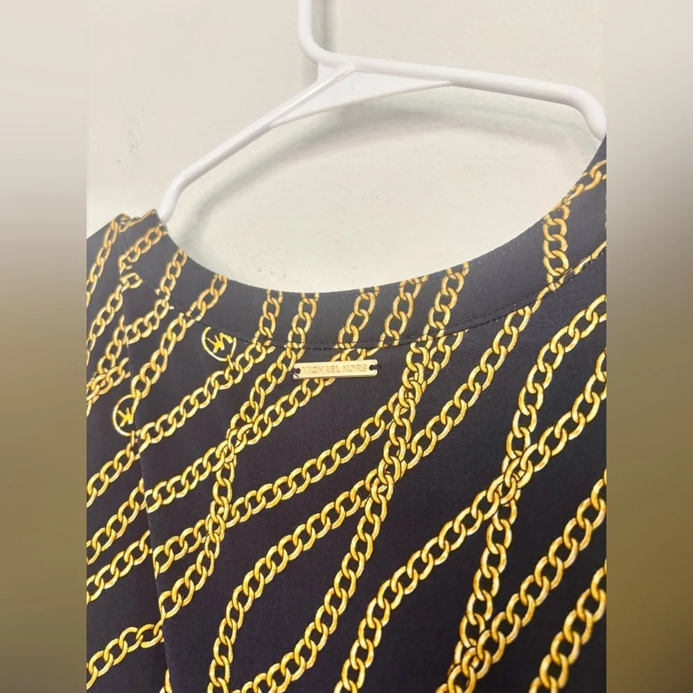 MICHAEL KORS NWT NAVY & GOLD CHAIN PRINTED MIDI DRESS SZ 2X